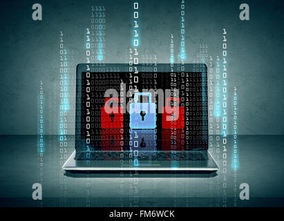 laptop with lock icons and binary code on screen Stock Photo