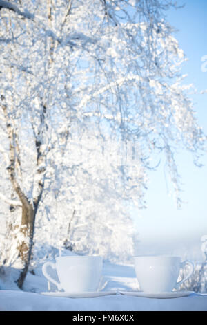 Two cups of tea on winter background Stock Photo