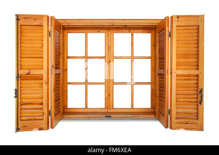 Wooden window with shutters isolated on white exterior side Stock Photo