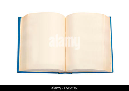 An open book with blue cover and empty pages