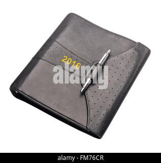 Black leather notebook folder on white, isolated Stock Photo