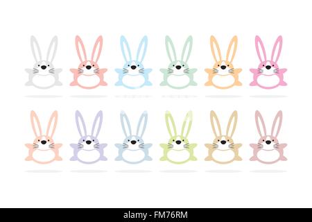 Set of twelve colorful easter bunnies on white background, vector illustration Stock Vector