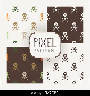Set of vector seamless colorful and monochrome patterns of pixel skulls. Stock Vector