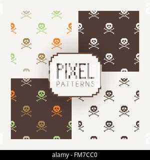 Set of vector seamless colorful and monochrome patterns of pixel skulls. Stock Vector