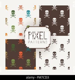 Set of vector seamless colorful and monochrome patterns of pixel skulls. Stock Vector