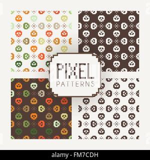 Set of vector seamless colorful and monochrome patterns of pixel skulls. Stock Vector
