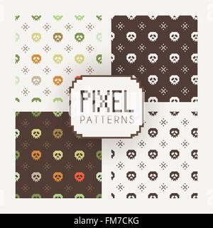 Set of vector seamless colorful and monochrome patterns of pixel skulls. Stock Vector