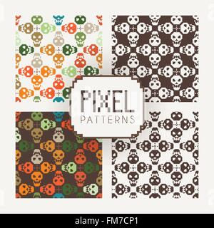 Set of vector seamless colorful and monochrome patterns of pixel skulls. Stock Vector