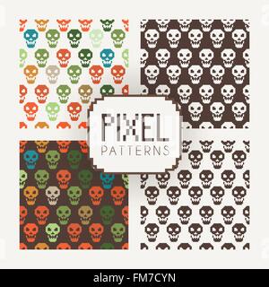 Set of vector seamless colorful and monochrome patterns of pixel skulls. Stock Vector