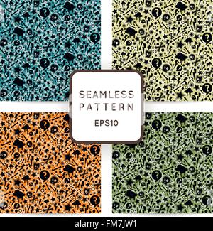 Set of vector seamless patterns with bones, skulls and stars. Emo-style. Stock Vector