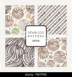 Set of vector seamless hand-drawn patterns of contour colored leaves in circles and lines Stock Vector