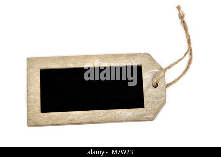 a blank blackboard with a rustic wooden frame in the shape of a label with a rustic rope on a white background Stock Photo