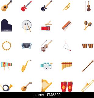 Musical instruments icons collection, flat design Stock Vector