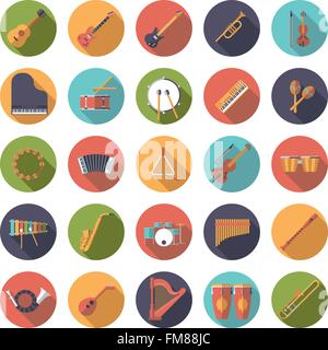Musical instruments icons collection, flat design, long shadow Stock Vector