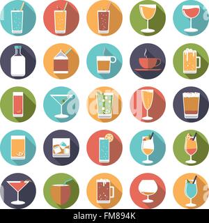 Collection of flat design drink and beverage vector icons in circles Stock Vector