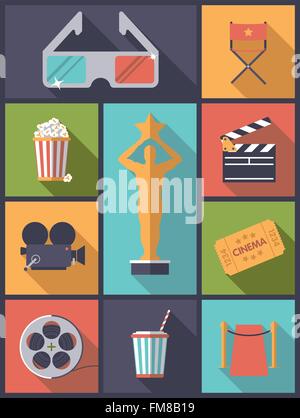 Flat design illustration with various movie and cinema icons Stock Vector
