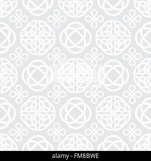 Seamless pattern with Celtic knot symbols, white on light grey Stock Vector