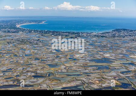 France, Loire Atlantique, Guerande, Guerande salt marshes and La Baule bay (aerial view) Stock Photo