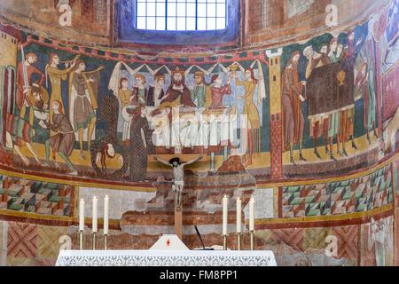 Switzerland, Canton of Grisons, Müstair, Saint John Abbey, ancient Benedictine monastery, listed as World Heritage by Unesco, Romanesque frecsos showing a variety of biblical themes including the dinner of Herod Antipas, 12th century Stock Photo