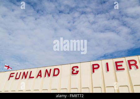 Exterior of an amusement arcade captured on the Southport promenade in the spring. Stock Photo