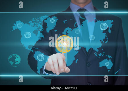 business, technology, internet and networking concept - businessman pressing button with contact on virtual screens. World map Stock Photo