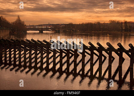 Sunset in Moldava river, Prague, Czech republic. Stock Photo
