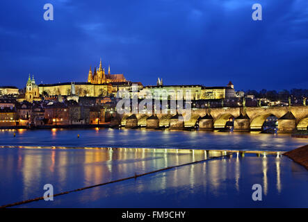 Charles bridge and Prague castle as seen from the side of Stare Mesto (Old Town) Prague, Czech Republic Stock Photo