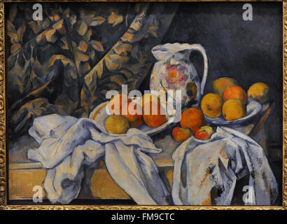 Still Life With Fruit Curtain And Flowered Pitcher by Paul Cezanne