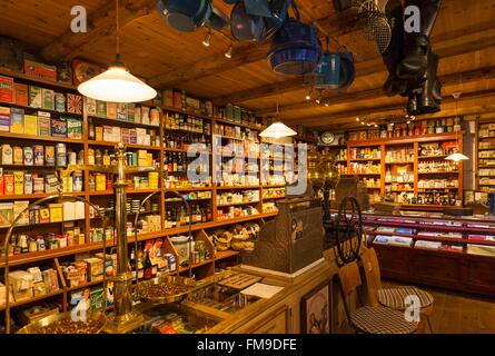 Denmark, Funen, Egeskov, exhibit of classic cars and aircraft, old general store exhibit Stock Photo