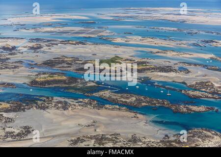 France, Manche, Chausey islands, boats at anchore at low tide (aerial view)