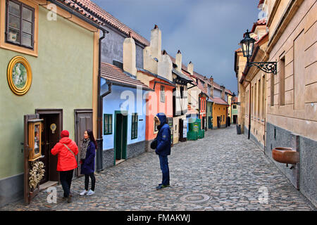 The 'Golden Lane' in the Prague Castle, Prague, Czech Republic. Franz Kafka's sister used to live in the blue little house (#22) Stock Photo