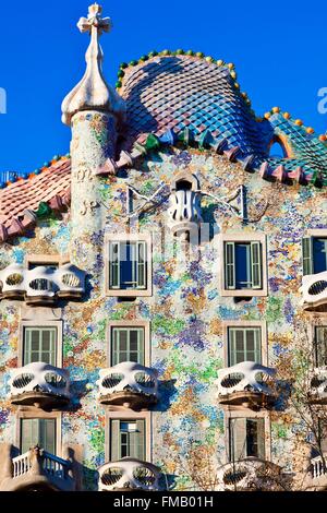 Spain, Catalonia, Barcelona, Passeig de Gracia, facade of the Casa Batllo by the architect Antoni Gaudi, listed as World Stock Photo
