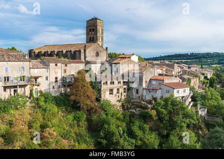France, Aude, Cathare Country, Montolieu village and Saint Andrew church Stock Photo