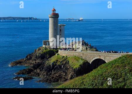 France, Finistere, roadstead of Brest (rade de Brest), Petit Minou lighthouse, L'Hermione frigate departure, replica of the Stock Photo