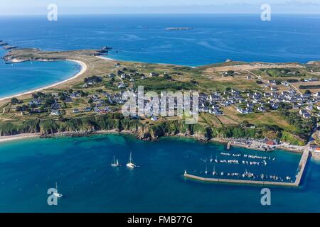 France, Morbihan, Ile d'Houat, Saint Gildas harbour and Houat village (aerial view) Stock Photo