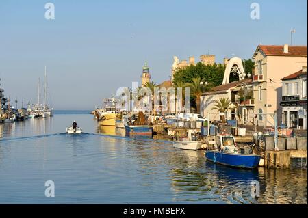 France, Gard, Camargue, Le Grau du Roi along the Canal from the Rhone to Sete Stock Photo