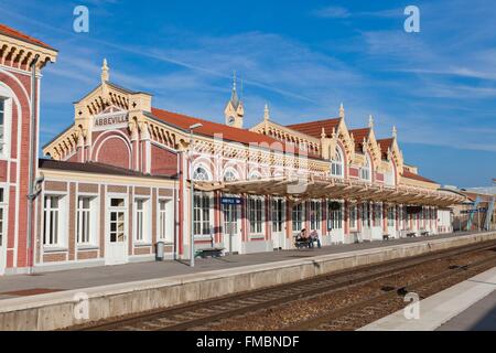 France, Somme, Abbeville, the Abbeville station style regional seaside is built around a wood frame with red brick veneer Stock Photo