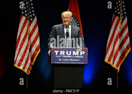 Saint Louis, Missouti, USA. 11th Mar, 2016. Donald Trump smiles to supporters at the Peabody Opera House in Downtown Saint Louis Credit:  Gino's Premium Images/Alamy Live News Stock Photo