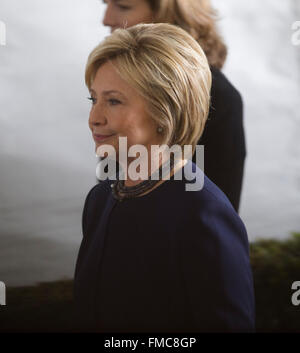 Simi Valley, California, USA. 11th Mar, 2016. Hillary Clinton attends the funeral of former U.S. First Lady Nancy Reagan at the Ronald Reagan Presidential Library in Simi Valley, California, March 11, 2016. Nancy Reagan died of heart failure last Sunday at the age of 94. Credit:  Yang Lei/Xinhua/Alamy Live News Stock Photo