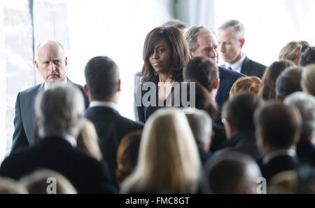 Simi Valley, California, USA. 11th Mar, 2016. U.S. First Lady Michelle Obama attends the funeral of former U.S. First Lady Nancy Reagan in Simi Valley, California, March 11, 2016. Nancy Reagan died of heart failure last Sunday at the age of 94. Credit:  Yang Lei/Xinhua/Alamy Live News Stock Photo