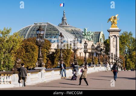 France, Paris, area listed as World Heritage by UNESCO, Grand Palais and pont Alexandre III (bridge Alexander the Third) Stock Photo