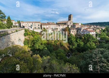 France, Aude, Cathare Country, Montolieu village and Saint Andrew church Stock Photo