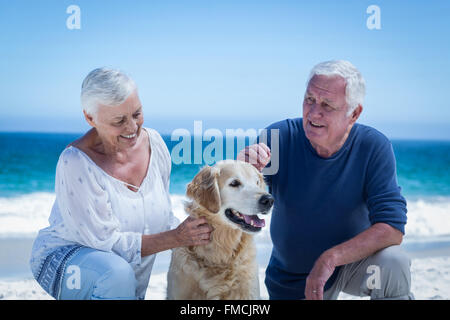 Cute mature couple petting their dog Stock Photo