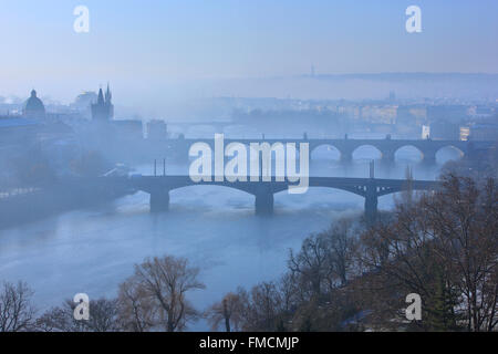 Bridges on Vltava (Moldava), river, Prague, Czech Republic. The one in the middle is the famous Charles' bridge.