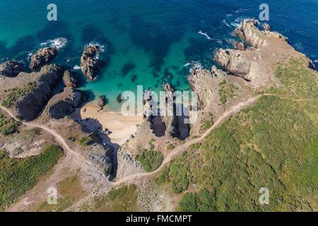 France, Morbihan, Ile d'Houat, beaches and the south rocky coast (aerial view) Stock Photo