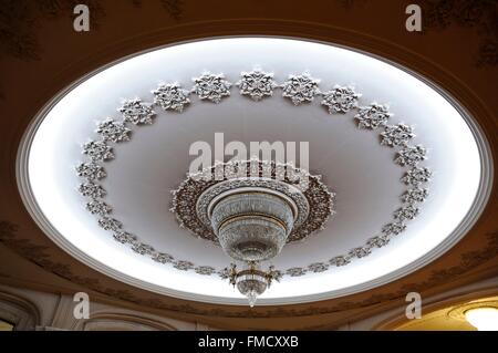 Romania, Muntenia, Bucharest, the Parliament Palace which is the former palace of Ceausescu, lighted chandelier Stock Photo