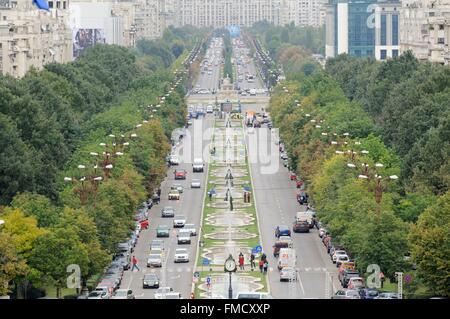 Romania, Muntenia, Bucharest, the Unirii Boulevard viewed from the balcony of the Parliament Palace which is the former palace Stock Photo