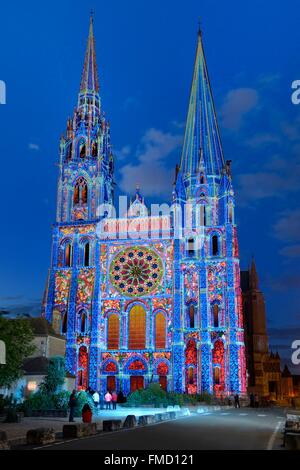 France, Eure et Loir, Chartres, the cathedral listed as World Heritage by UNESCO during the festival Chartres in Lights Stock Photo