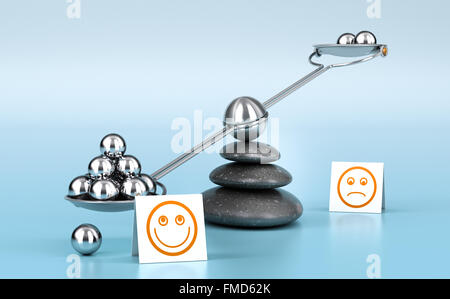 Metallic spheres on a seesaw with three black pebbles over blue background. Concept image for illustration of wellness or happyn Stock Photo