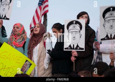 Chicago, USA. 11th Mar, 2016. Protestors shout anti-Donald Trump slogans outside University of Illinois (UIC) at Chicago Pavilion, in Chicago, the United States, on March 11, 2016. Credit:  He Xianfeng/Xinhua/Alamy Live News Stock Photo